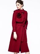 Romwe Win Red Lapel Long Sleeve Flower Tie-waist Pockets Coat