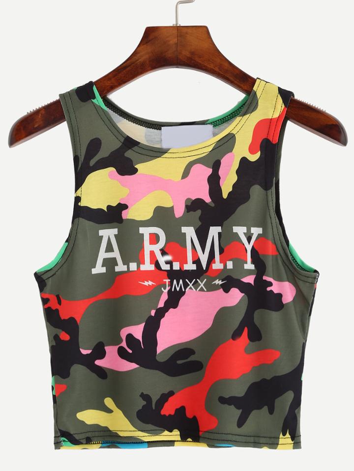Romwe Olive Green Camo Print Crop Tank Top
