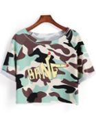 Romwe Light Green Short Sleeve Camouflage Print Crop T-shirt