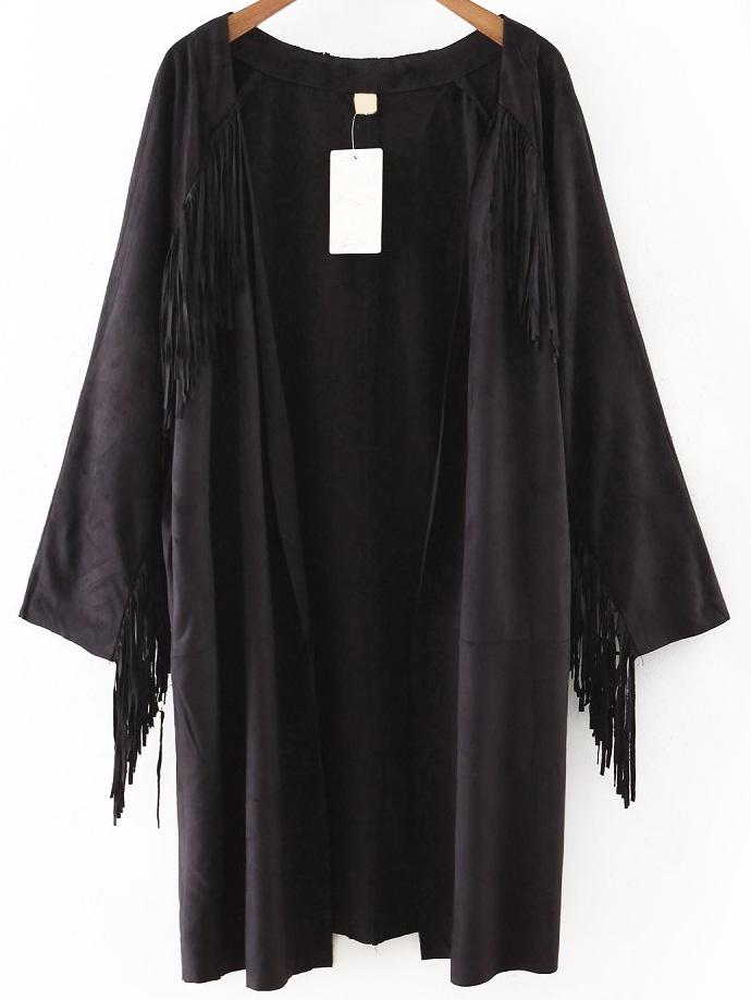 Romwe Black Open Front Fringe Detail Suede Coat