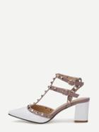 Romwe White Faux Patent Studded Block Heel Sandals