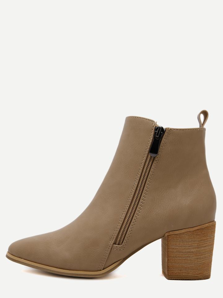 Romwe Apricot Pu Side Zipper Cork Heel Chunky Boots