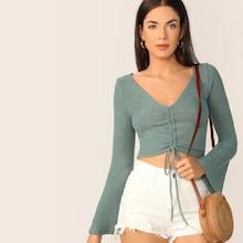 Romwe Bell Sleeve Drawstring Crop Top