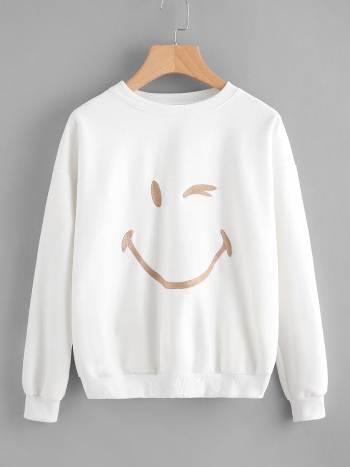 Romwe Smiley Face Embroidery Drop Shoulder Pullover
