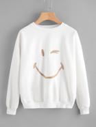 Romwe Smiley Face Embroidery Drop Shoulder Pullover