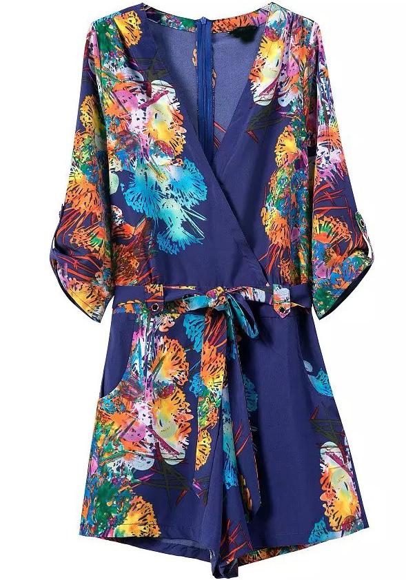 Romwe Blue V Neck Tie-waist Floral Jumpsuit