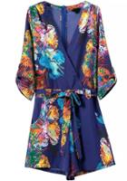 Romwe Blue V Neck Tie-waist Floral Jumpsuit
