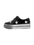 Romwe Black Patent Star Cutting Lace-up Flatform Sneakers