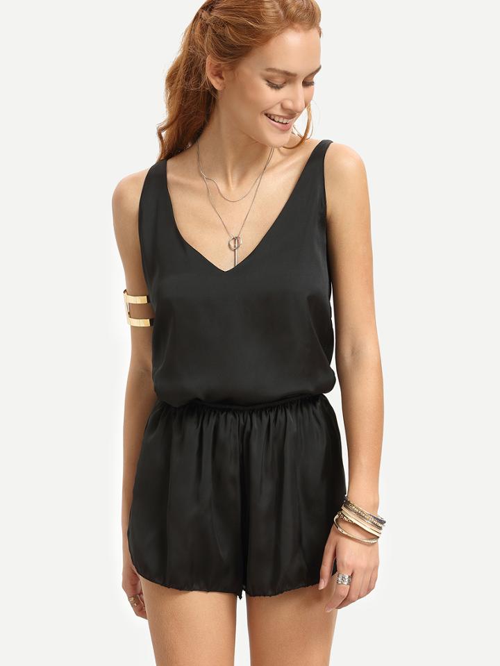 Romwe Black V Neck Tank Top With Elastic Waist Shorts