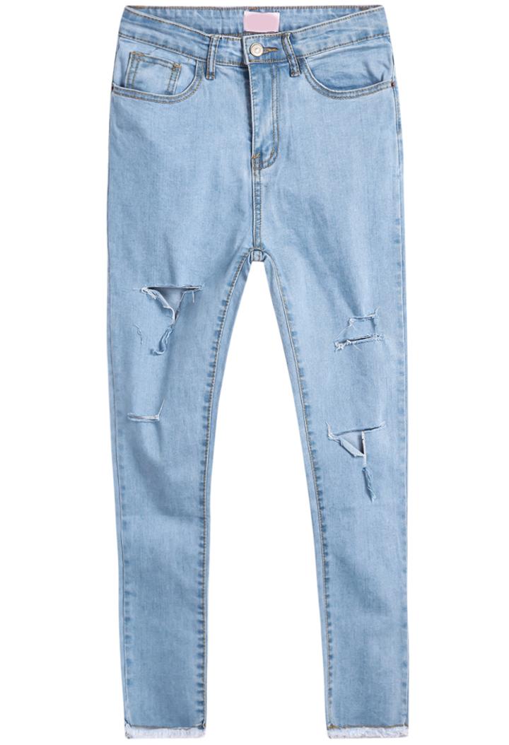 Romwe Ripped Pockets Blue Denim Pant