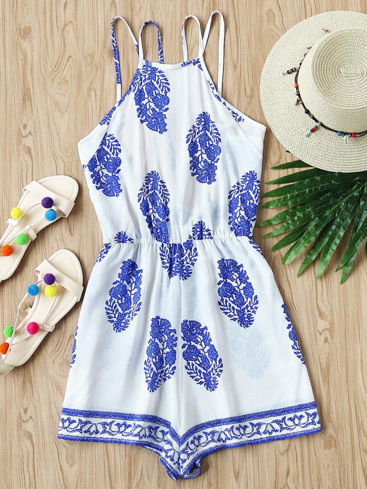 Romwe Printed Random Open Back Strappy Detail Romper
