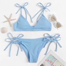 Romwe Ribbed Tie Side Bikini Set