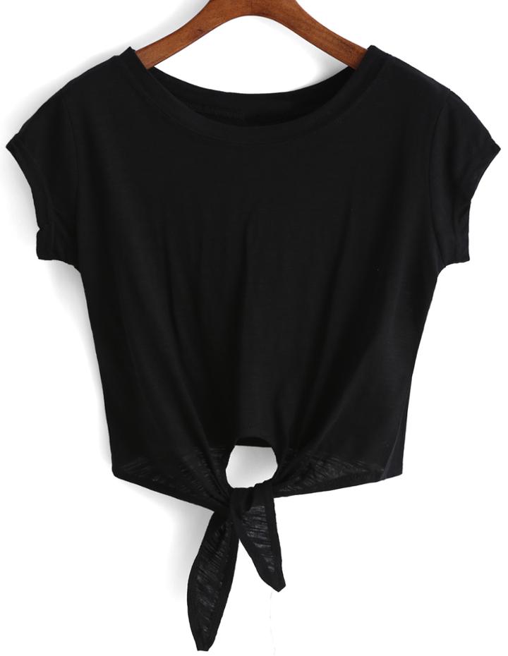 Romwe Knotted Crop Black T-shirt