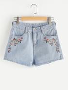 Romwe Floral Embroidered Denim Shorts