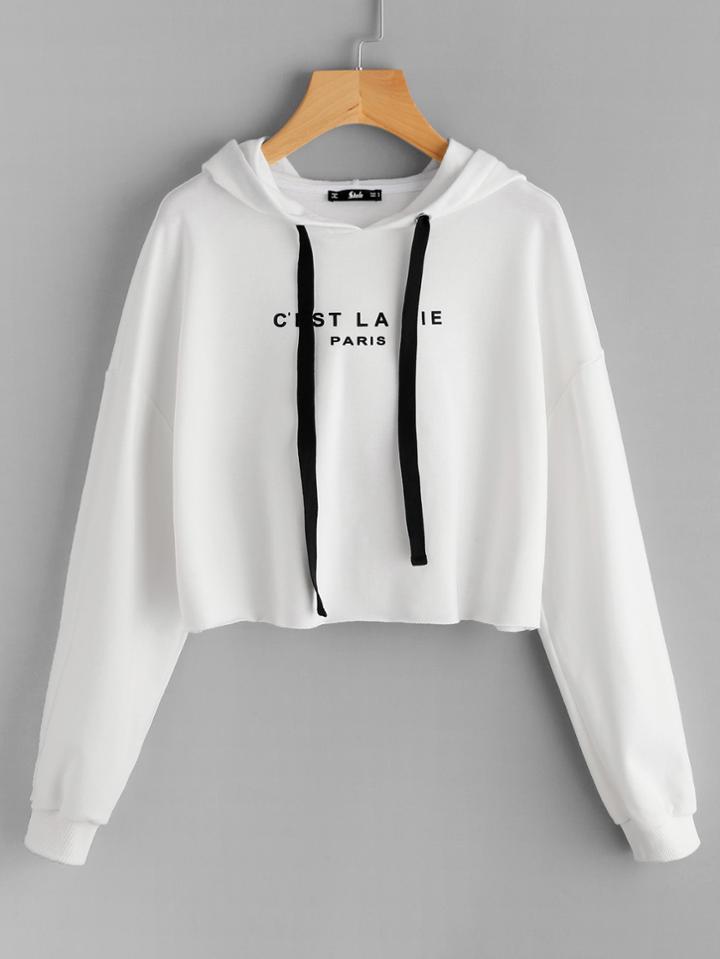 Romwe Drop Shoulder Raw Hem Crop Hoodie