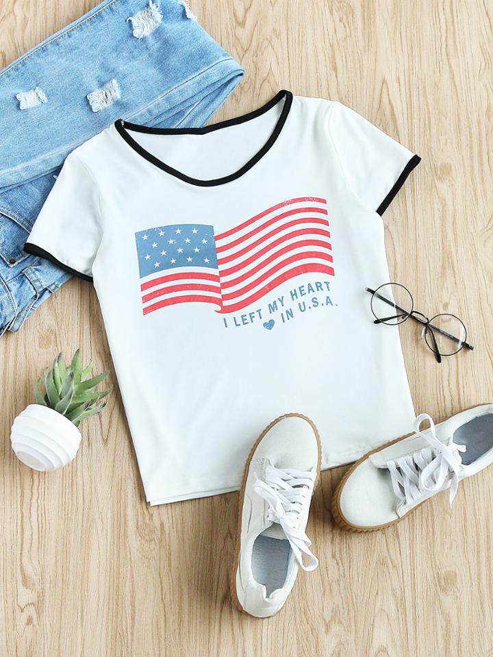 Romwe American Flag Print Ringer Tee