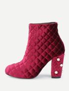 Romwe Faux Pearl Quilted Block Heeled Ankle Boots