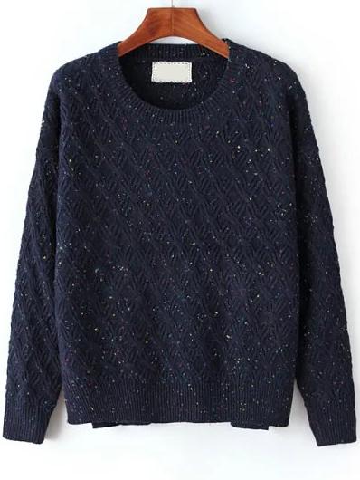 Romwe Dip Hem Long Sleeve Navy Sweater