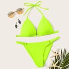 Romwe Neon Lime Triangle Top With Ring Loop Bikini Set