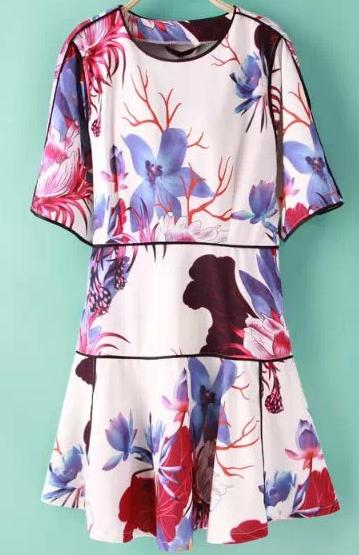 Romwe White Short Sleeve Floral Ruffle Dress
