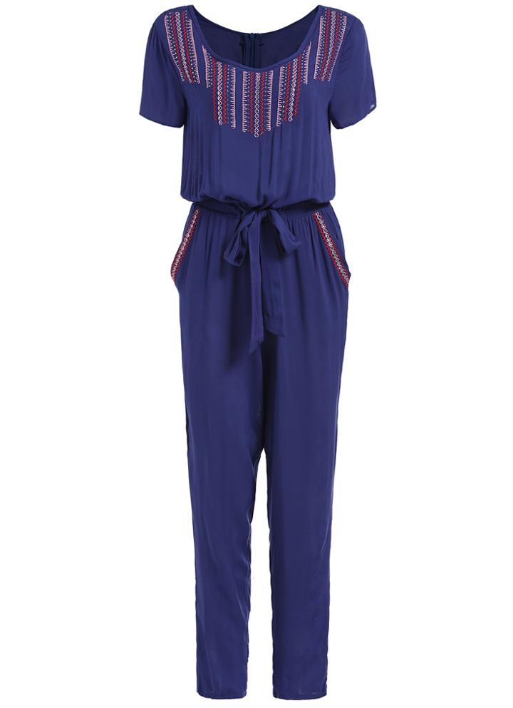 Romwe Short Sleeve Embroidered Bow Jumpsuit