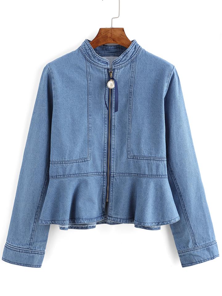 Romwe Stand Collar Ruffle Denim Coat