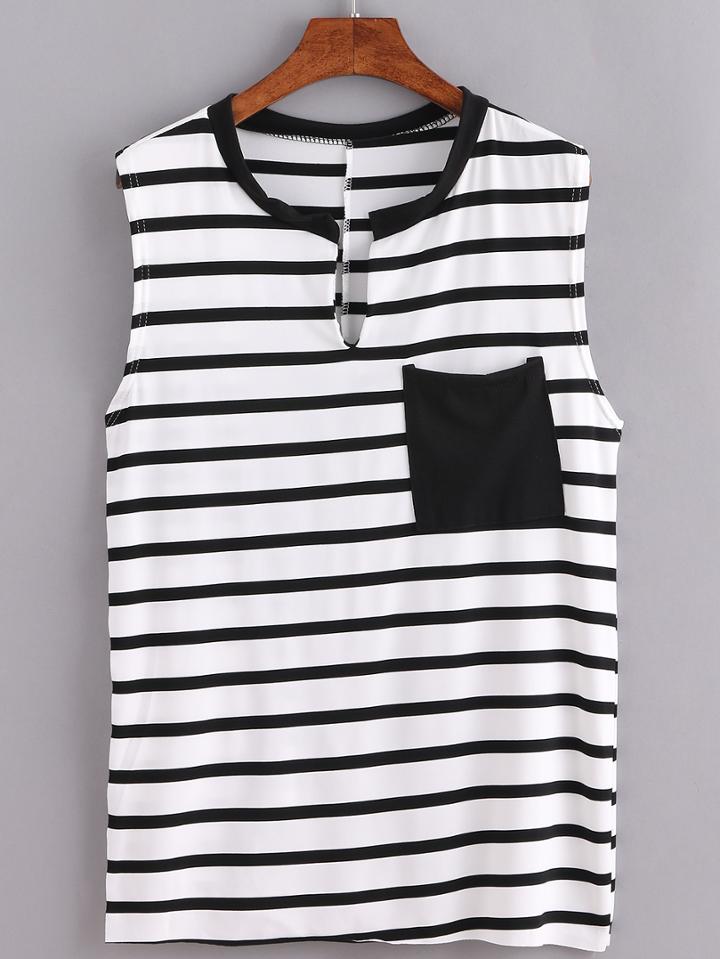 Romwe Black White Striped Asymmetric Tank Top