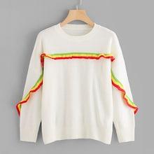 Romwe Soft Knit Sweater With Striped Ruffle