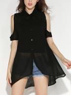 Romwe Cutout Shoulder Chiffon Blouse With Cami Top - Black