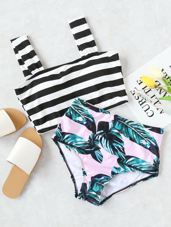 Romwe Striped And Leaf Print High Waist Mix & Match Swimwear