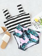 Romwe Striped And Leaf Print High Waist Mix & Match Swimwear