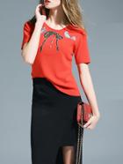 Romwe Red Birds Embroidered Bowknot Beading Knit Sweatshirt