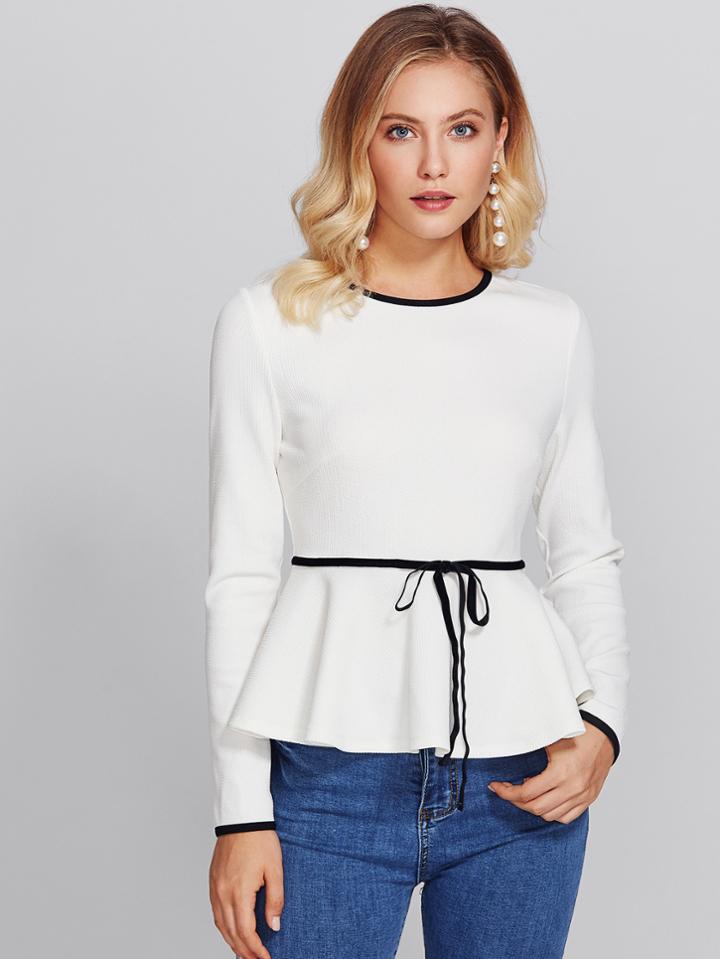 Romwe Ringer Bow Detail Textured Peplum Top