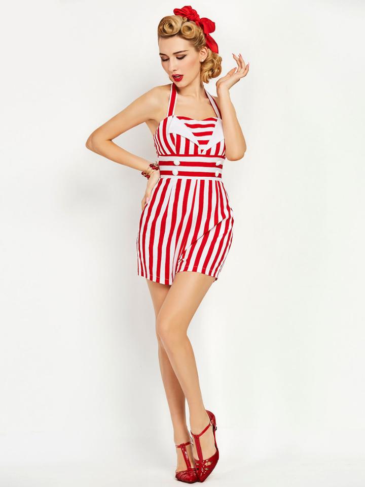 Romwe Contrast Striped Halter Strap Romper