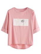 Romwe Pink Contrast Daisy Print High Low Cuffed T-shirt