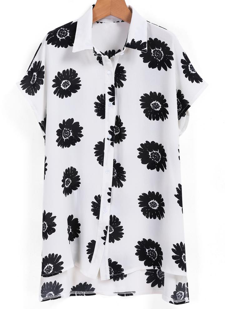Romwe Dip Hem Chrysanthemum Print Black Blouse