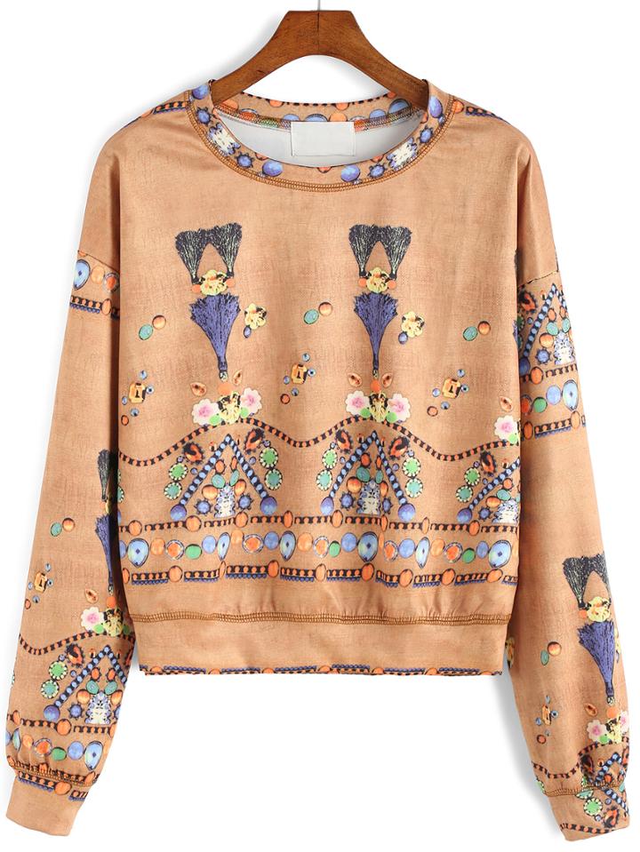Romwe Round Neck Jewelled Print Sweatshirt