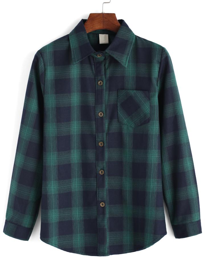 Romwe Lapel Plaid Pocket Buttons Green Blouse