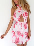 Romwe Halter Cut Out Backless Florals Dress
