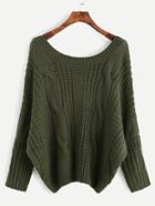 Romwe Army Green Lace Up V Back Cable Knit Sweater