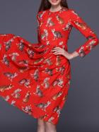 Romwe Red Crew Neck Cats Print A-line Dress