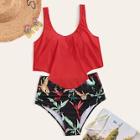 Romwe Floaty Top With Random Tropical Print Bikini