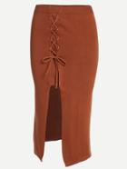Romwe Camel Eyelet Lace Up Slit Knit Pencil Skirt