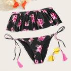 Romwe Floral Flounce Top With Side Tie Bikini Set