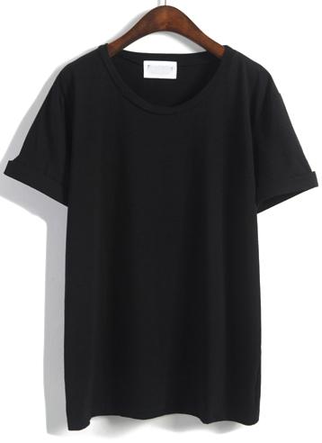 Romwe Cuffed Loose Black T-shirt