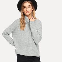 Romwe Rolled Neck Slit Hem Heathered Sweater