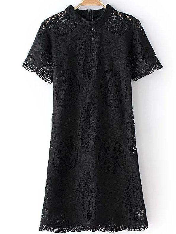 Romwe Black Mock Neck Zipper Back Hollow Lace Dress