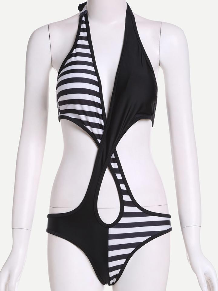 Romwe Black And White Crossover Plunge Halter Keyhole Swimwear