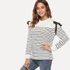 Romwe Cold Shoulder Striped Tee