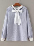 Romwe Blue Striped Bow Tie V Neck Blouse